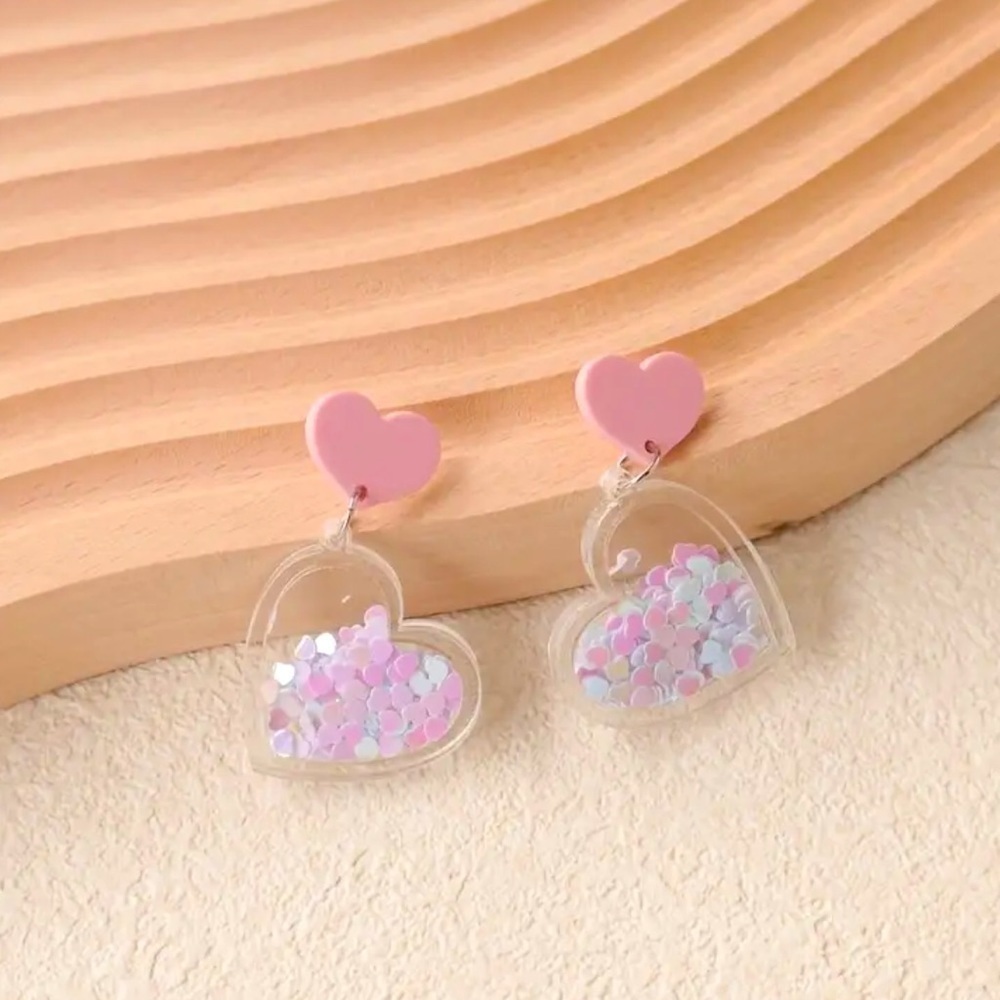 Pink Heart Dangle Earrings with Sequins Hearts
